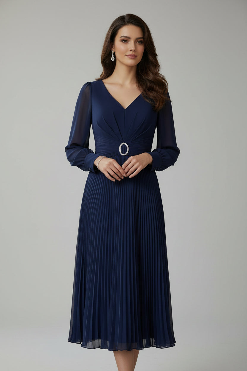 SERENE Navy Pleated Dress with Diamante