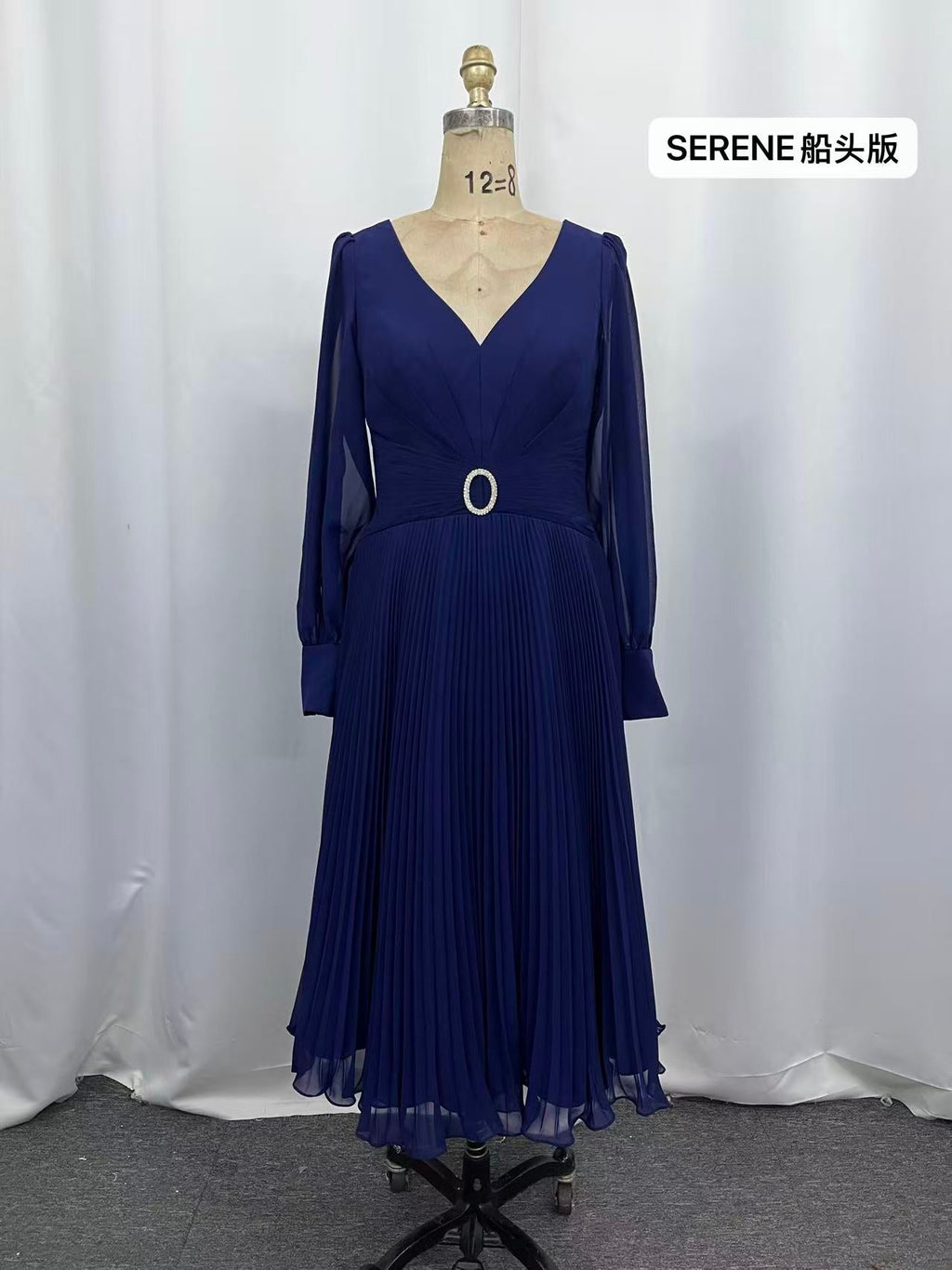 SERENE Navy Pleated Dress with Diamante