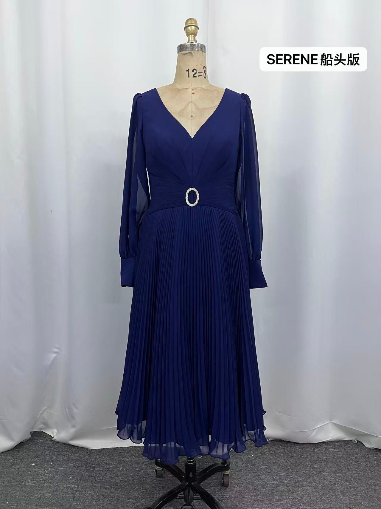 SERENE Navy Pleated Dress with Diamante