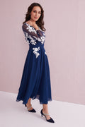 AMELIA Navy Chiffon Midaxi Dress with Ivory Applique Detail.