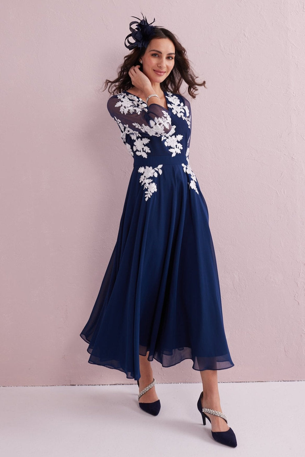 AMELIA Navy Chiffon Midaxi Dress with Ivory Applique Detail.