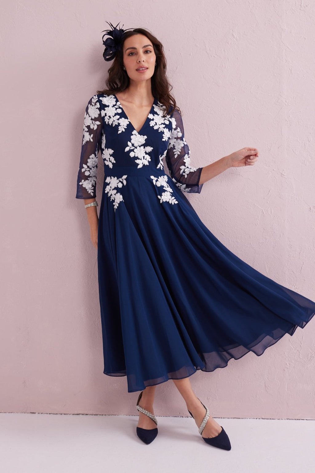AMELIA Navy Chiffon Midaxi Dress with Ivory Applique Detail.