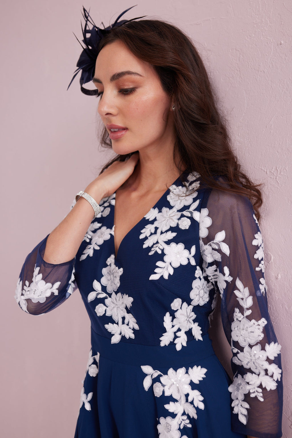 AMELIA Navy Chiffon Midaxi Dress with Ivory Applique Detail.