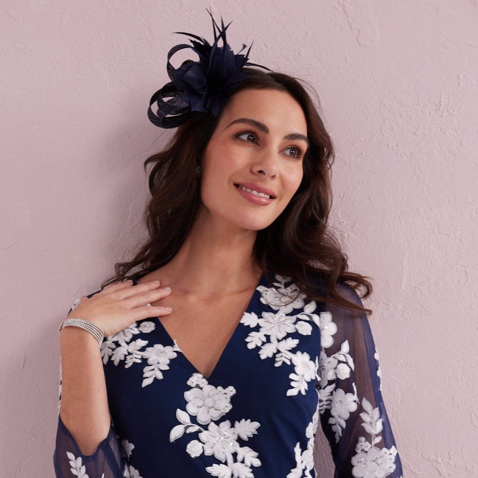 AMELIA Navy Chiffon Midaxi Dress with Ivory Applique Detail.