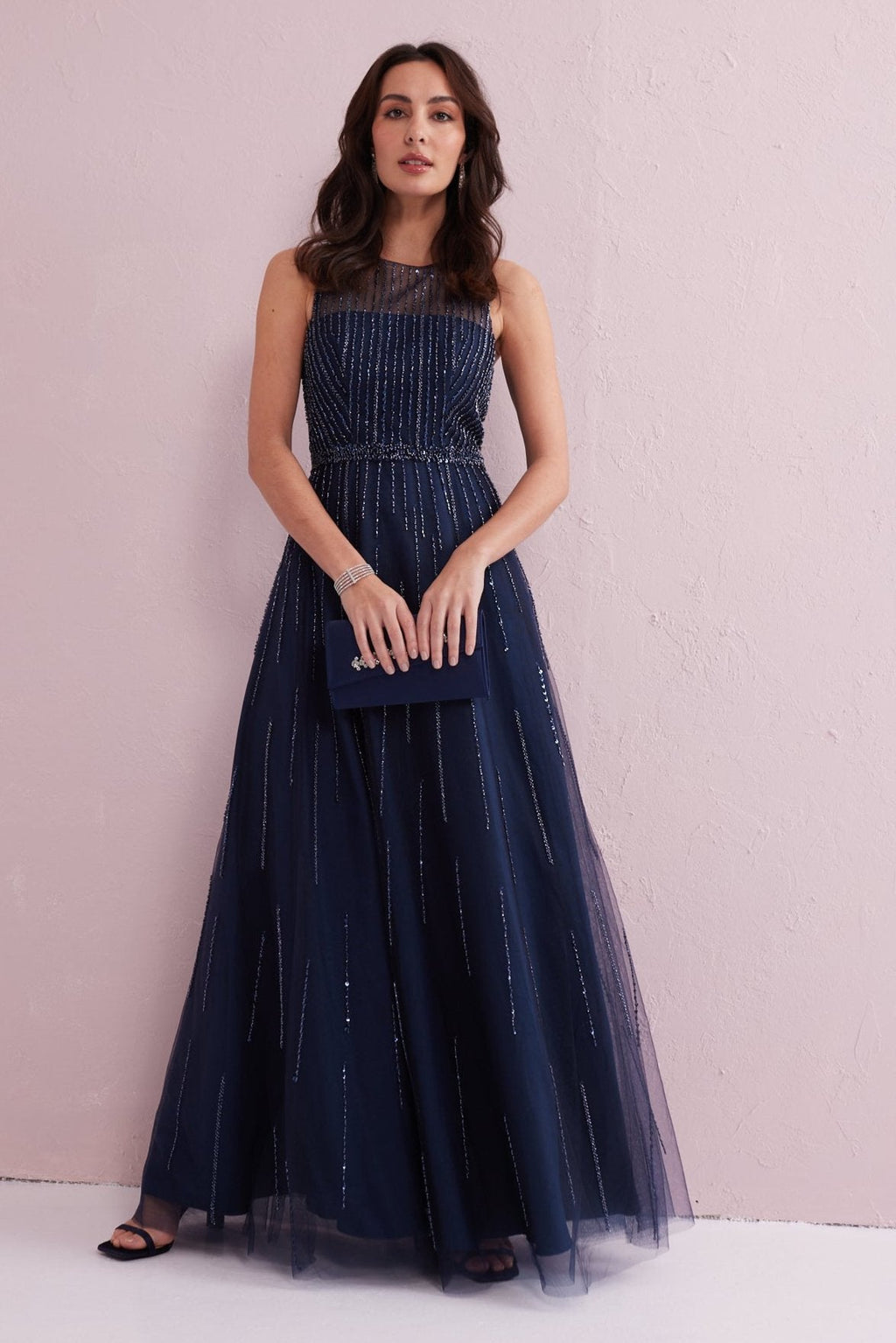 ANGEL Navy Embellished Beaded Maxi Dress.
