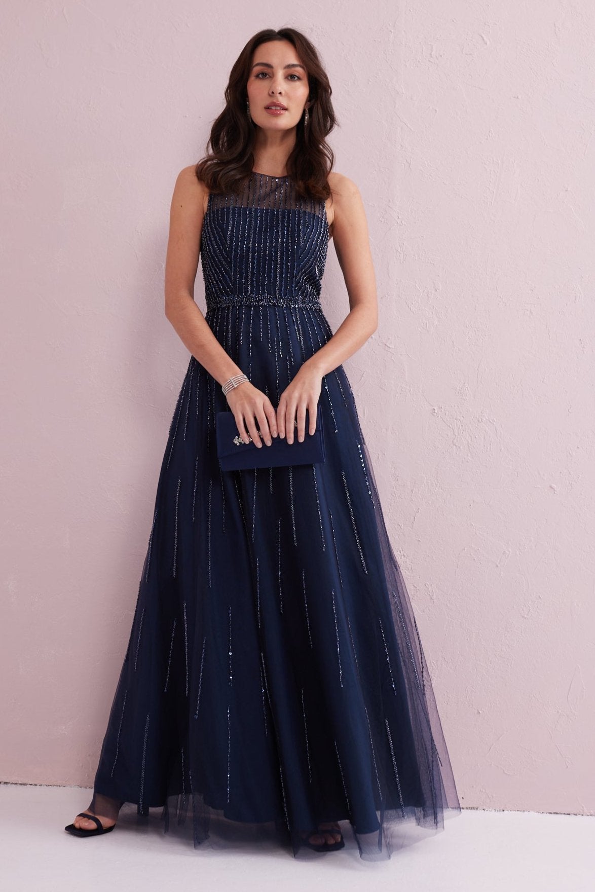 ANGEL Navy Embellished Beaded Maxi Dress.
