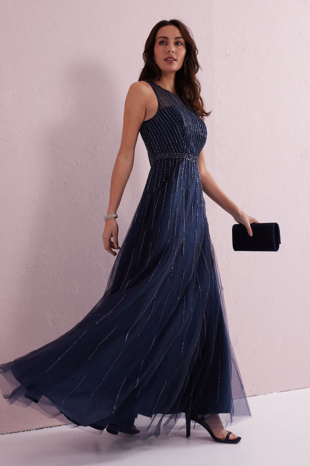 ANGEL Navy Embellished Beaded Maxi Dress.