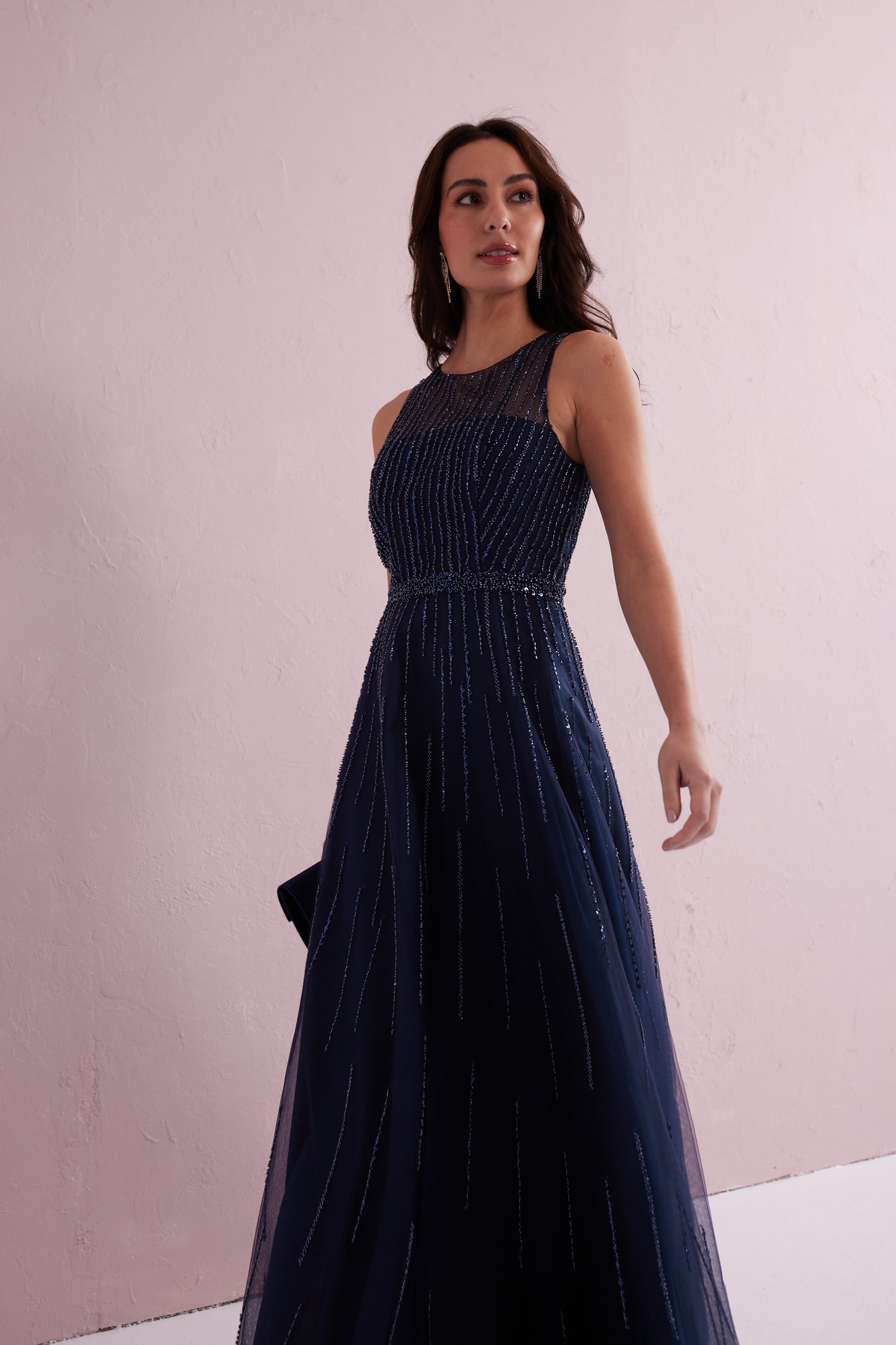 ANGEL Navy Embellished Beaded Maxi Dress.