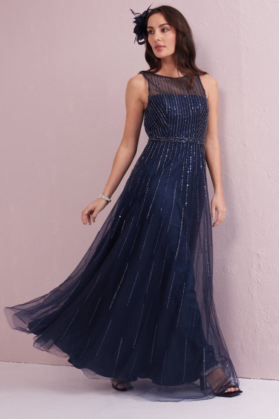 ANGEL Navy Embellished Beaded Maxi Dress.