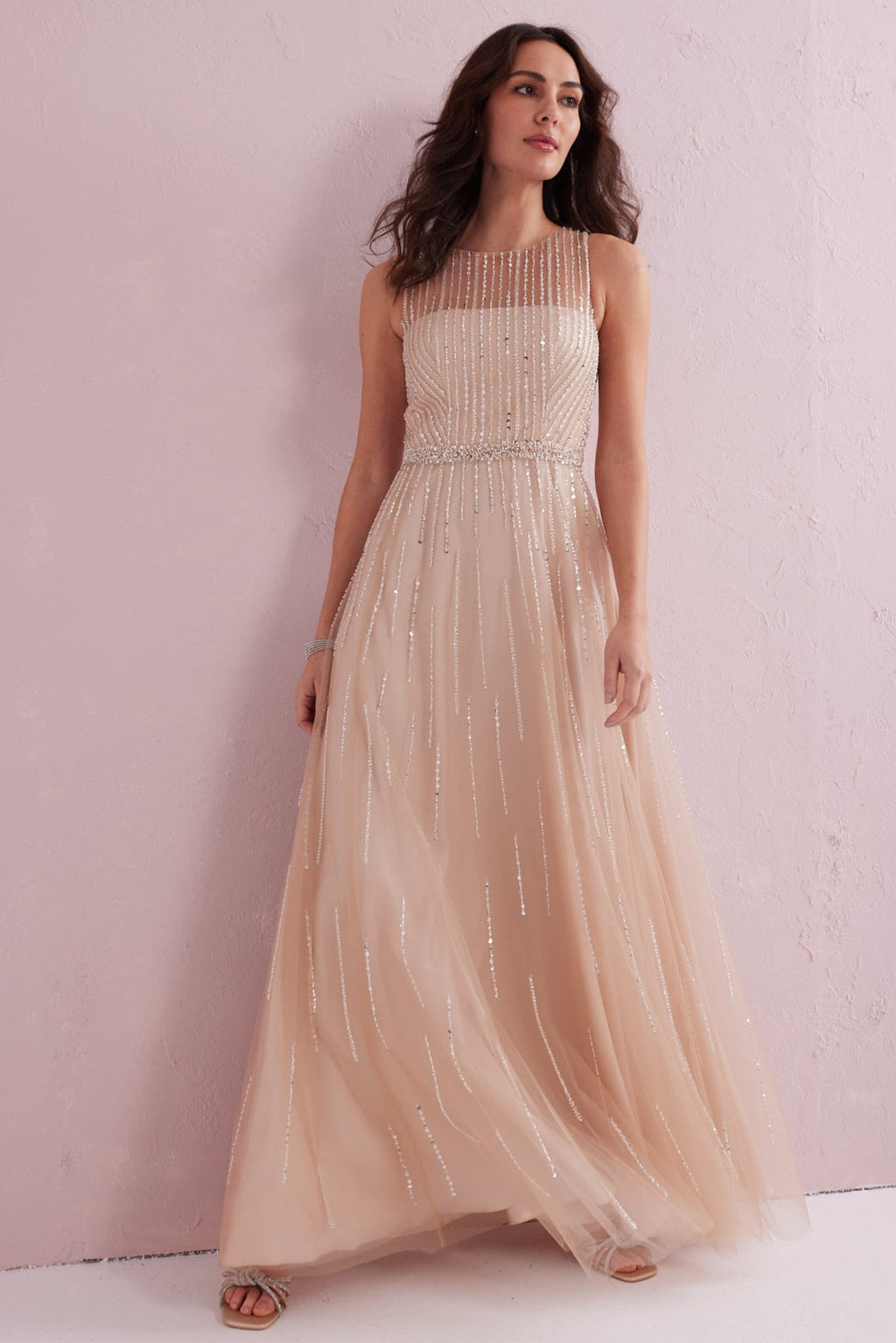 ANGEL Nude Embellished Beaded Maxi Dress.