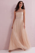 ANGEL Nude Embellished Beaded Maxi Dress.