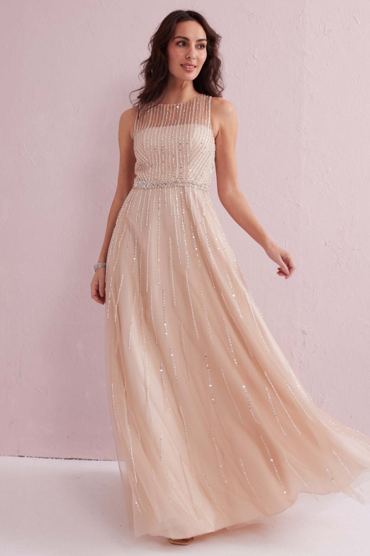ANGEL Nude Embellished Beaded Maxi Dress.
