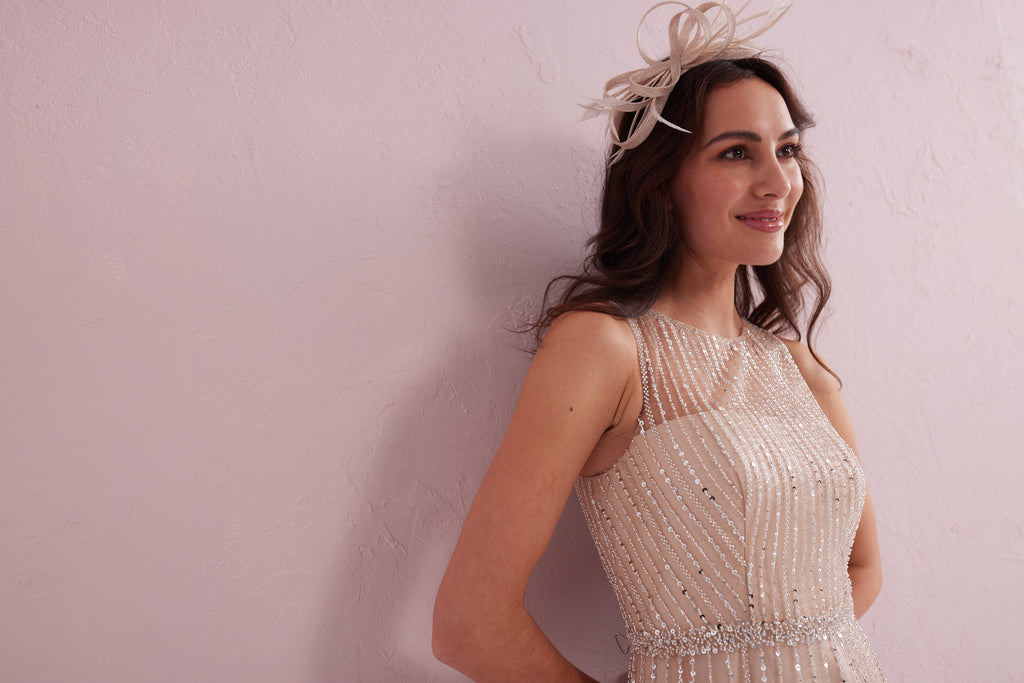 ANGEL Nude Embellished Beaded Maxi Dress.