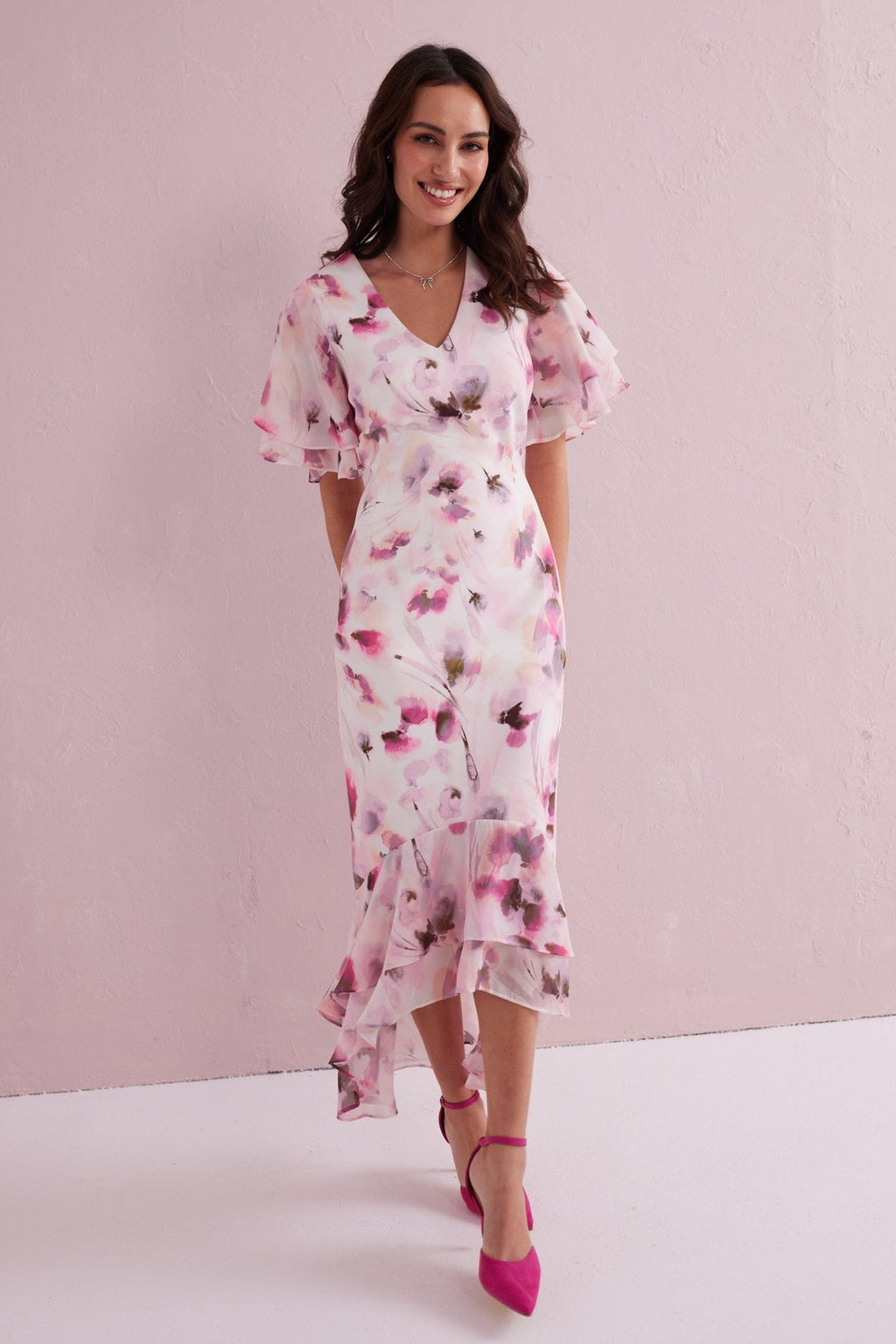 ASTRID Blush Floral Print Hi Low Dress.