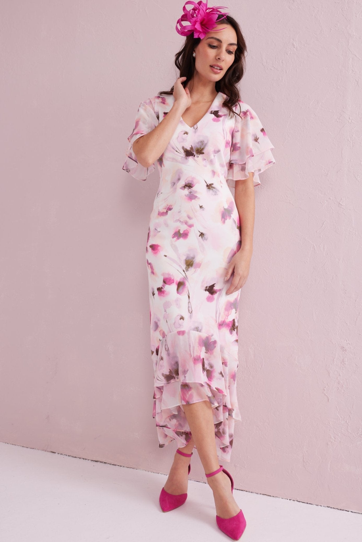 ASTRID Blush Floral Print Hi Low Dress.