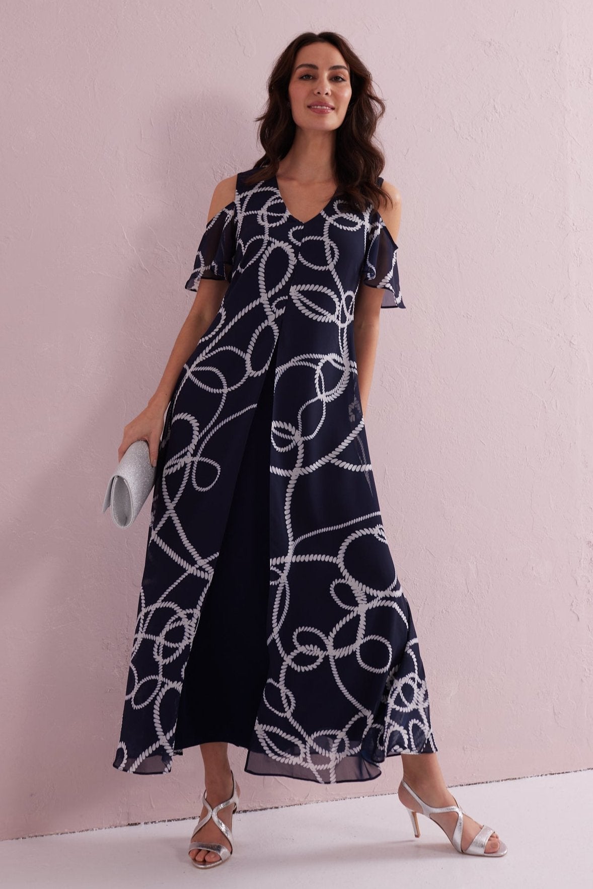AVA Navy Double Layer Split Front Maxi Dress.