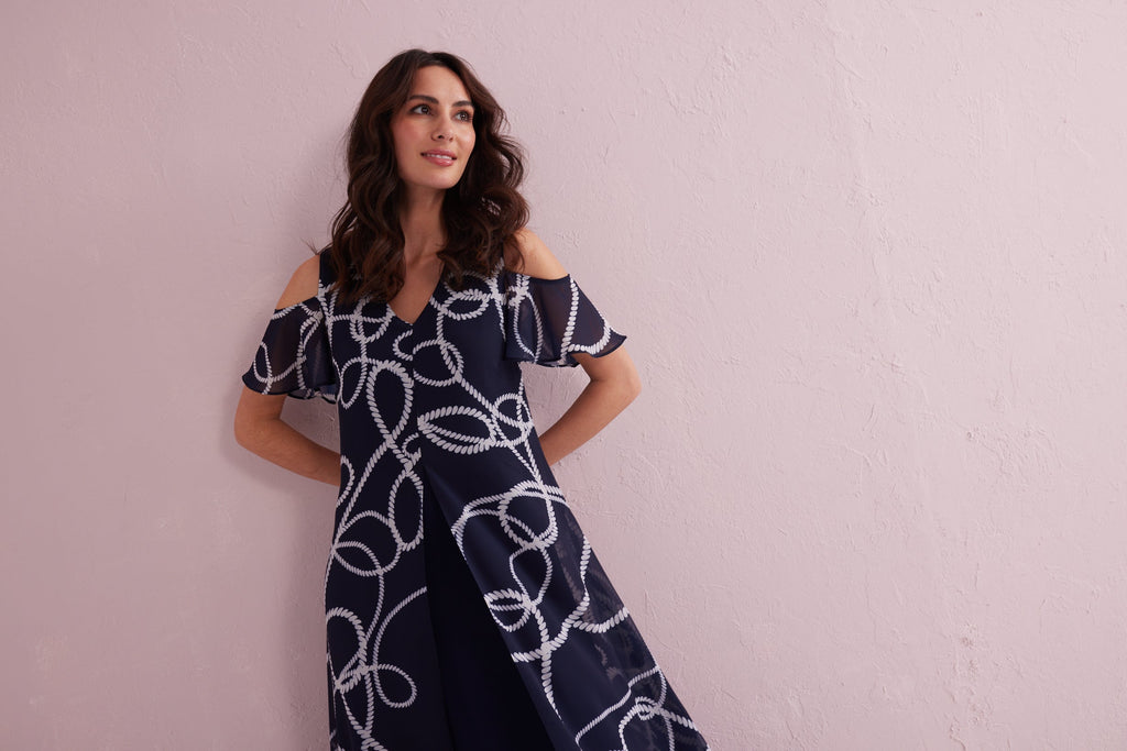 AVA Navy Double Layer Split Front Maxi Dress.