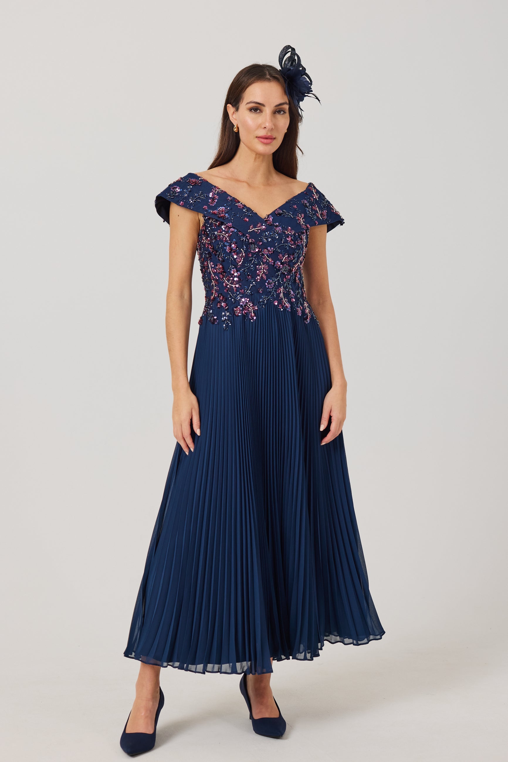 AVALINE  Navy Beaded Bardot Dress.