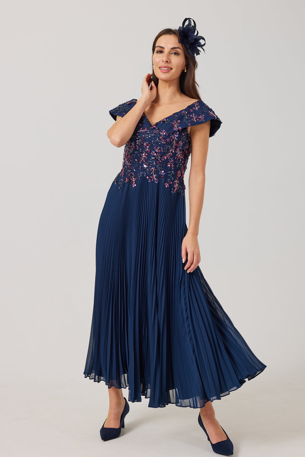 AVALINE  Navy Beaded Bardot Dress.