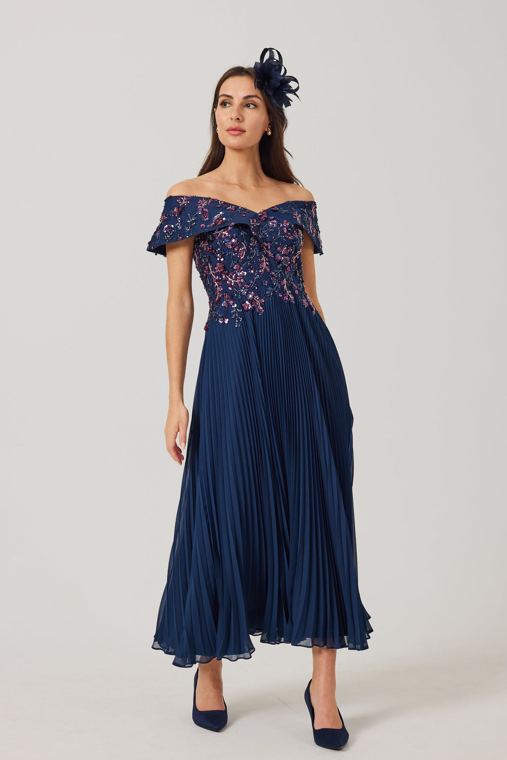 AVALINE  Navy Beaded Bardot Dress.