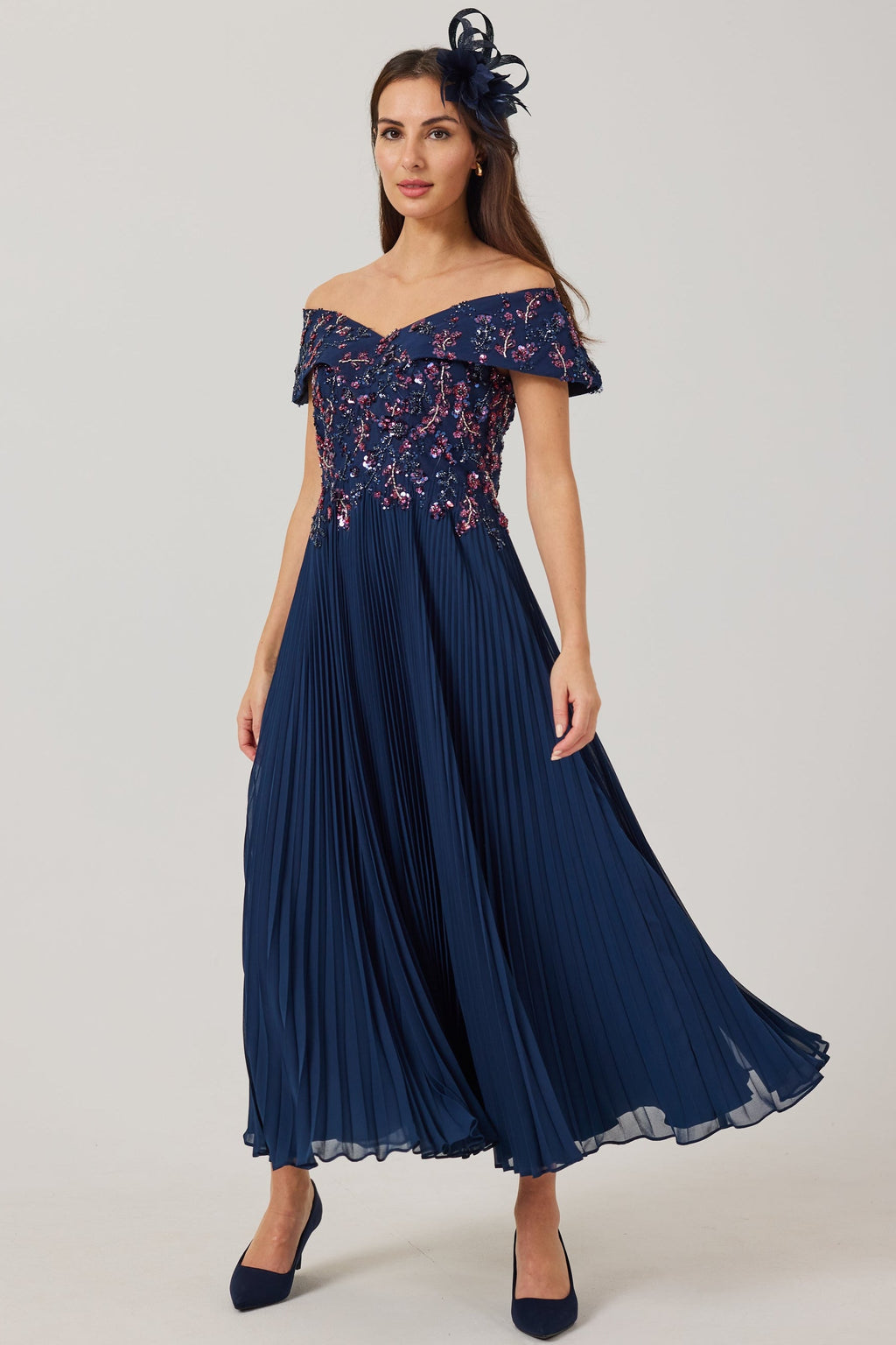 AVALINE  Navy Beaded Bardot Dress.