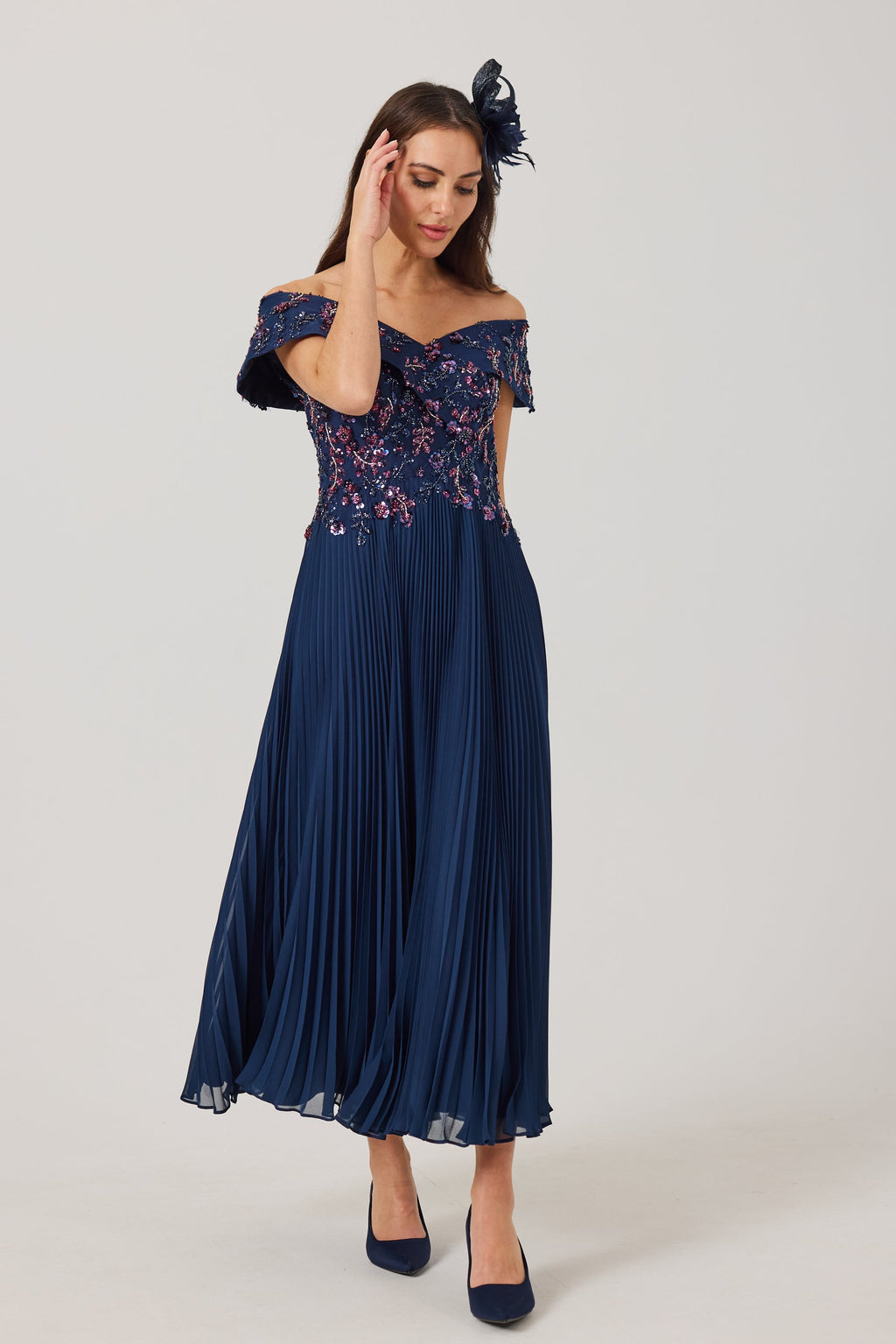 AVALINE  Navy Beaded Bardot Dress.