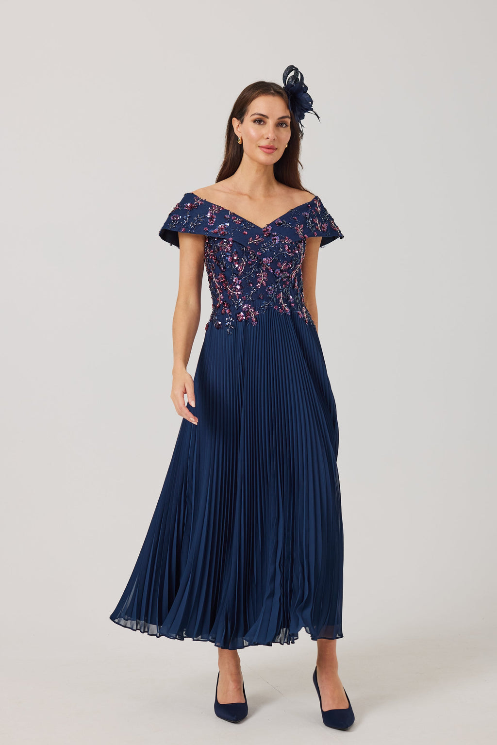 AVALINE  Navy Beaded Bardot Dress.