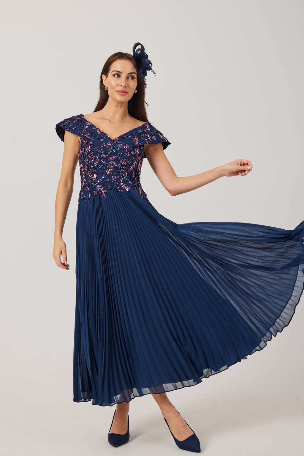 AVALINE  Navy Beaded Bardot Dress.