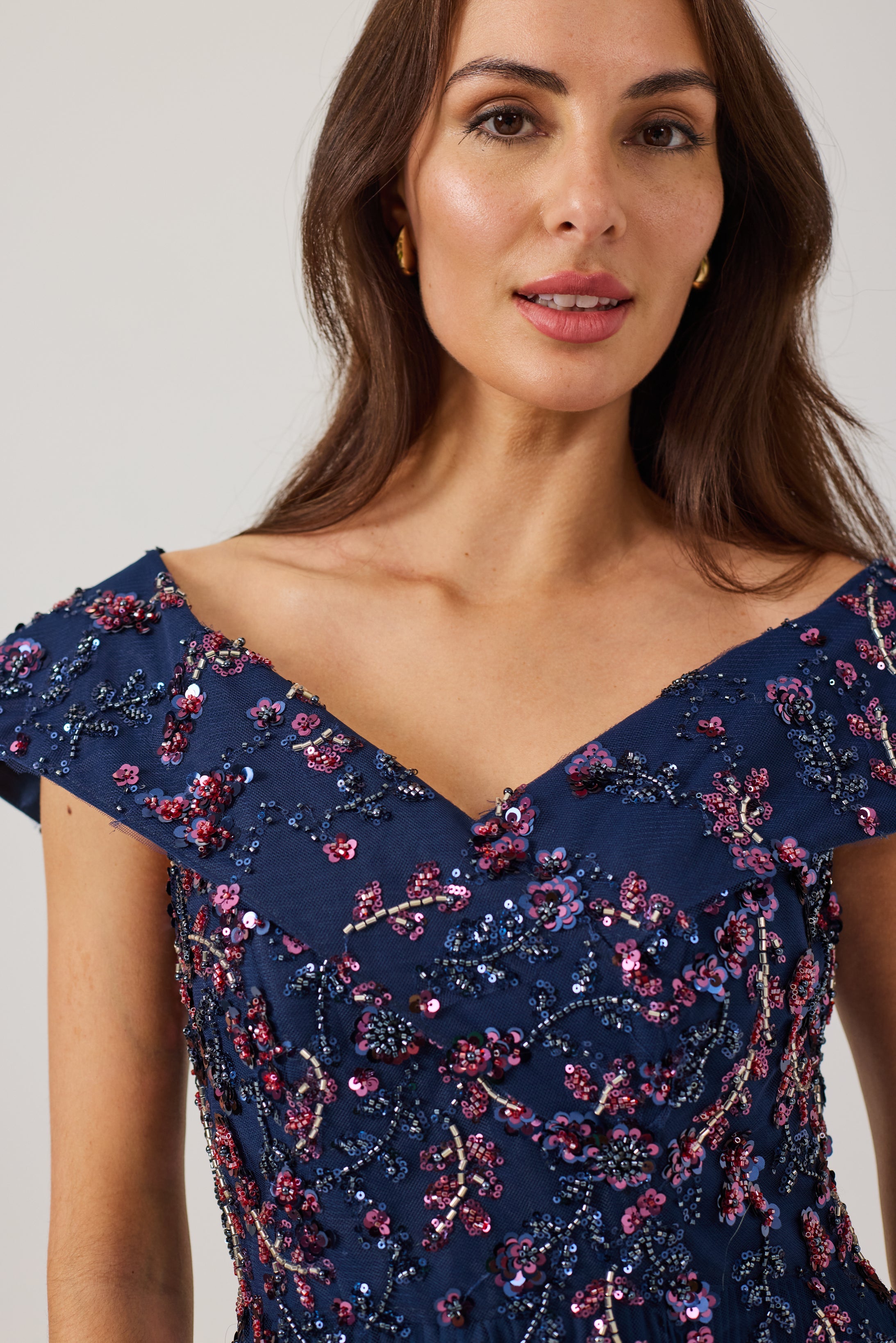 AVALINE  Navy Beaded Bardot Dress.