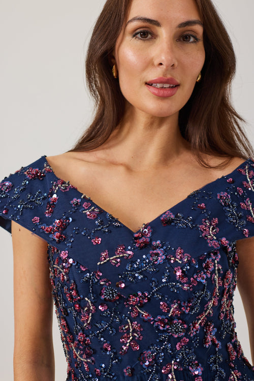 AVALINE  Navy Beaded Bardot Dress.