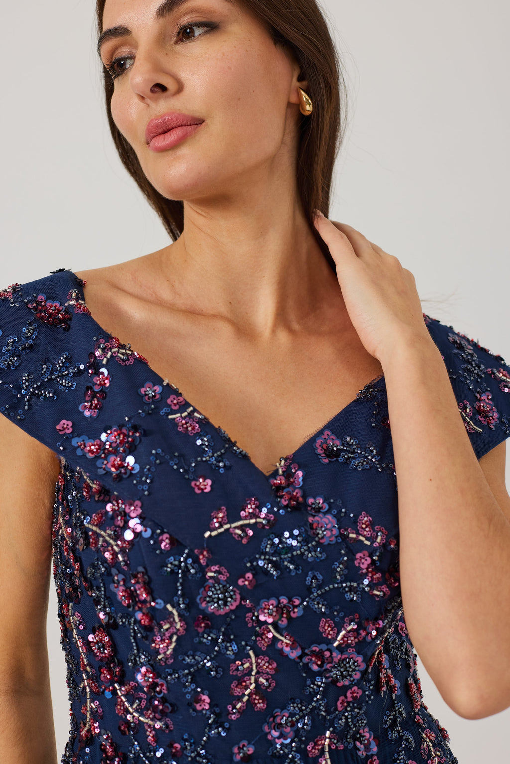 AVALINE  Navy Beaded Bardot Dress.