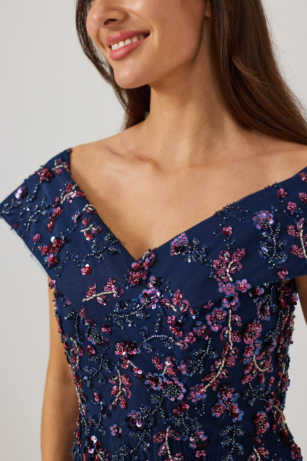 AVALINE  Navy Beaded Bardot Dress.