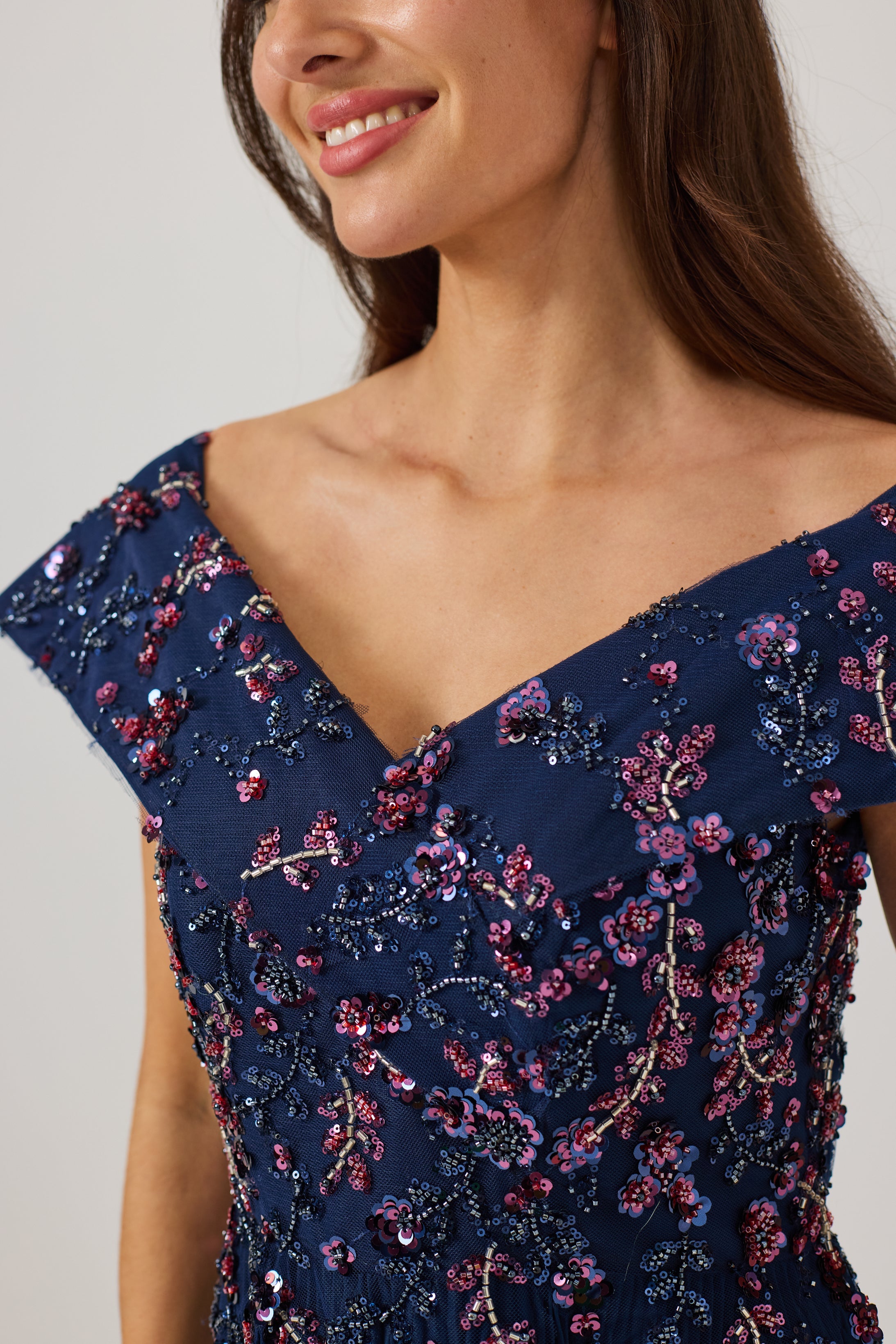 AVALINE  Navy Beaded Bardot Dress.