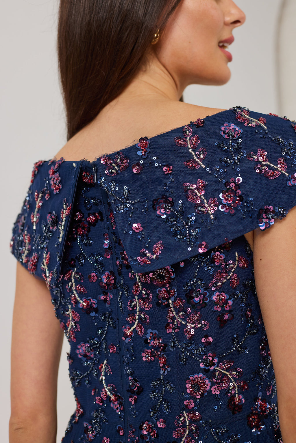 AVALINE  Navy Beaded Bardot Dress.