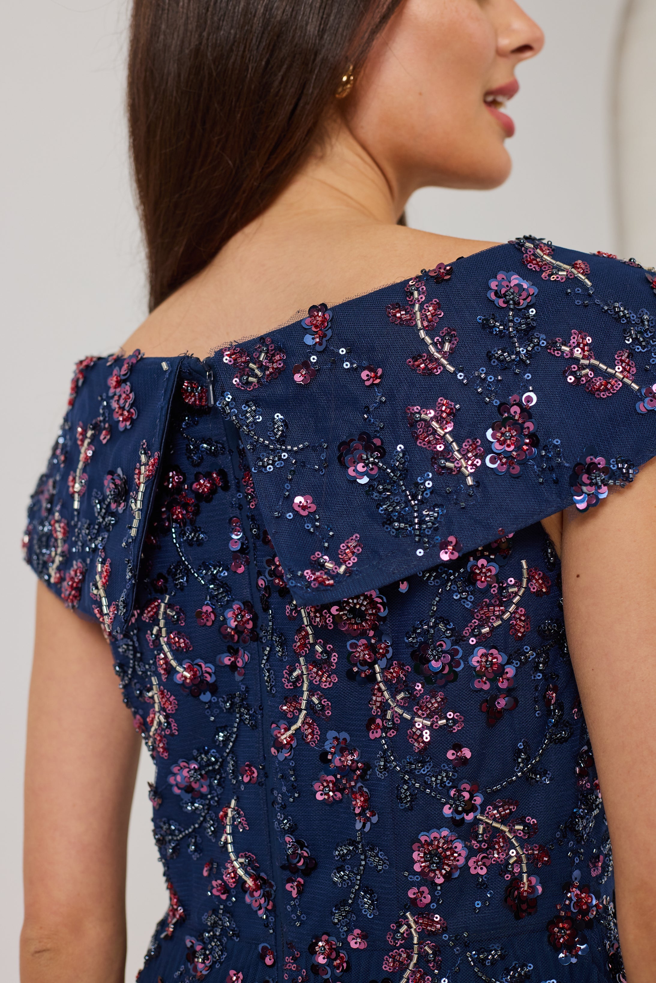 AVALINE  Navy Beaded Bardot Dress.