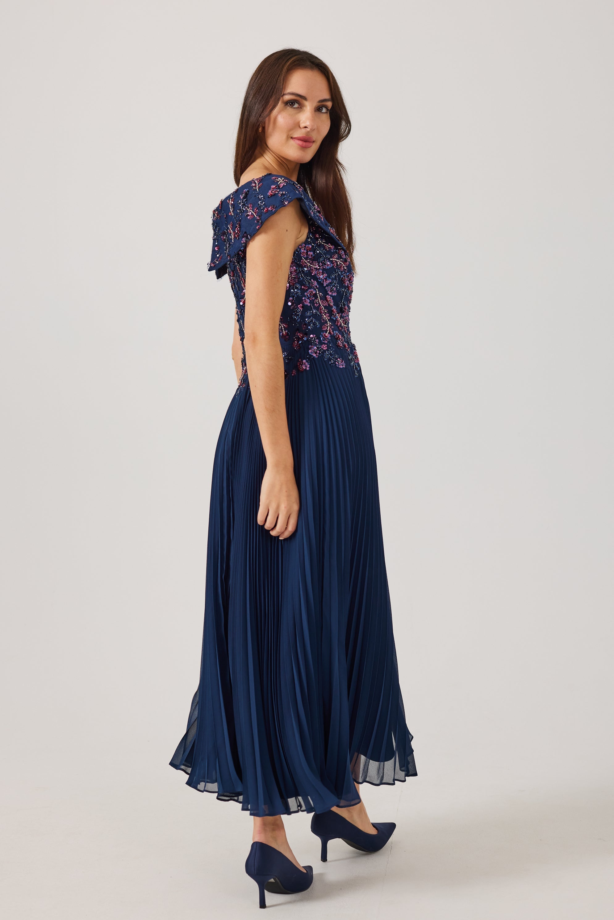 AVALINE  Navy Beaded Bardot Dress.