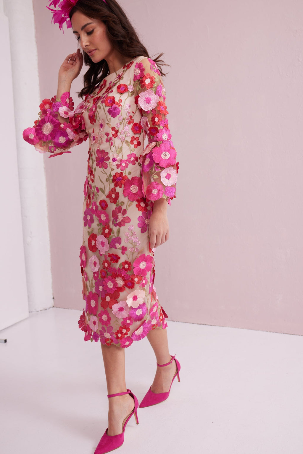 CARRIE Hot Pink Embroidered Shift dress.
