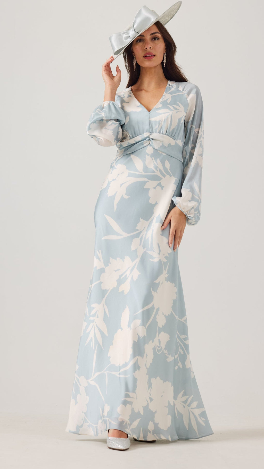 EVE Misty Blue Satin Bias Cut Maxi dress.
