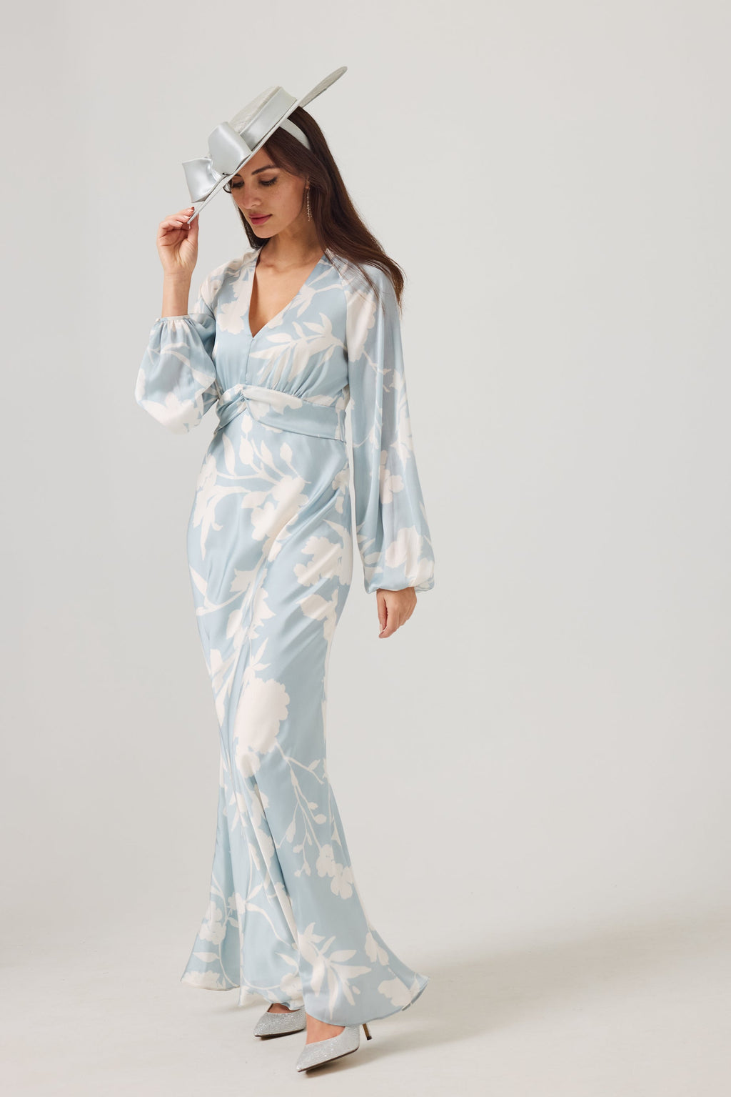 EVE Misty Blue Satin Bias Cut Maxi dress.