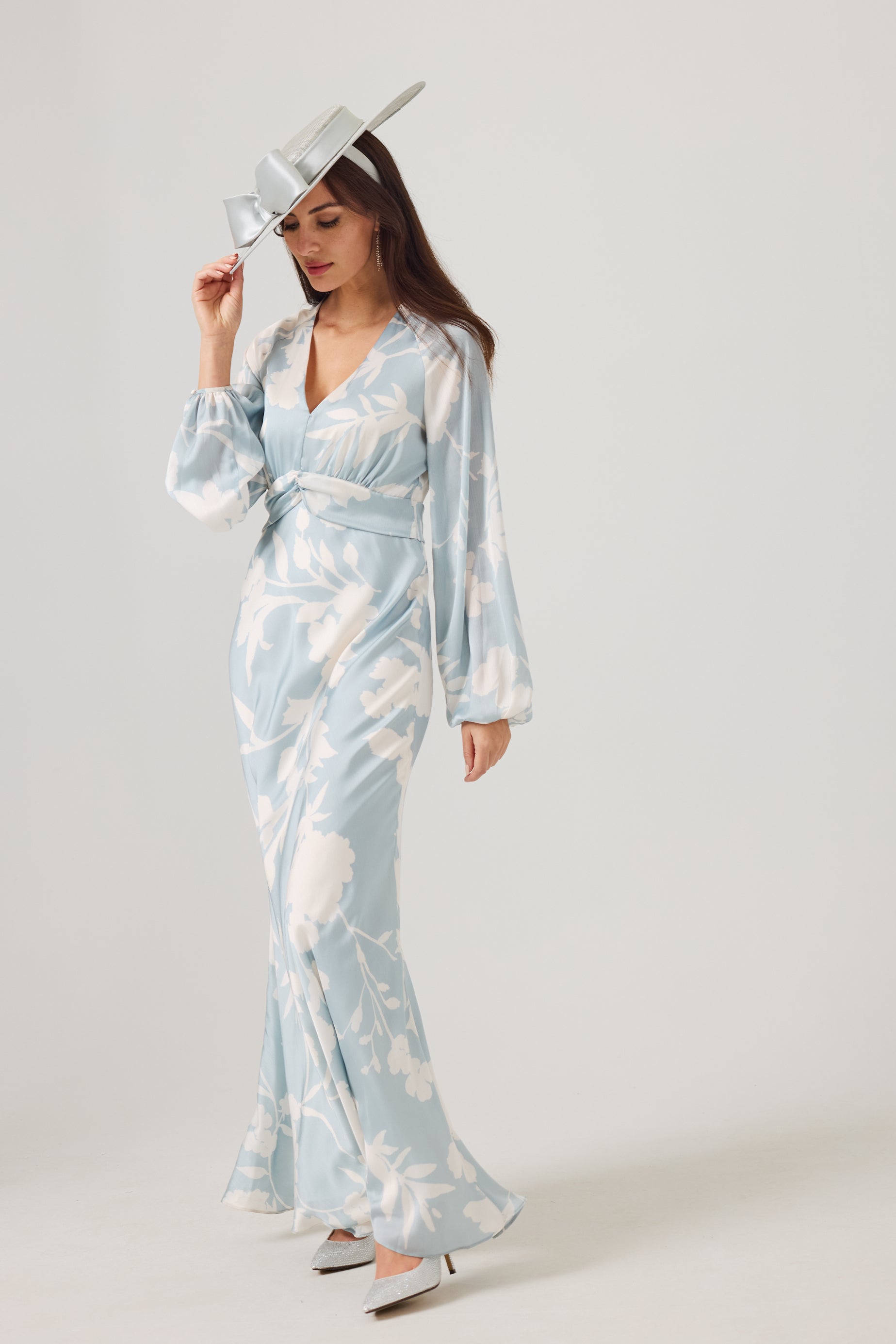 EVE Misty Blue Satin Bias Cut Maxi dress.