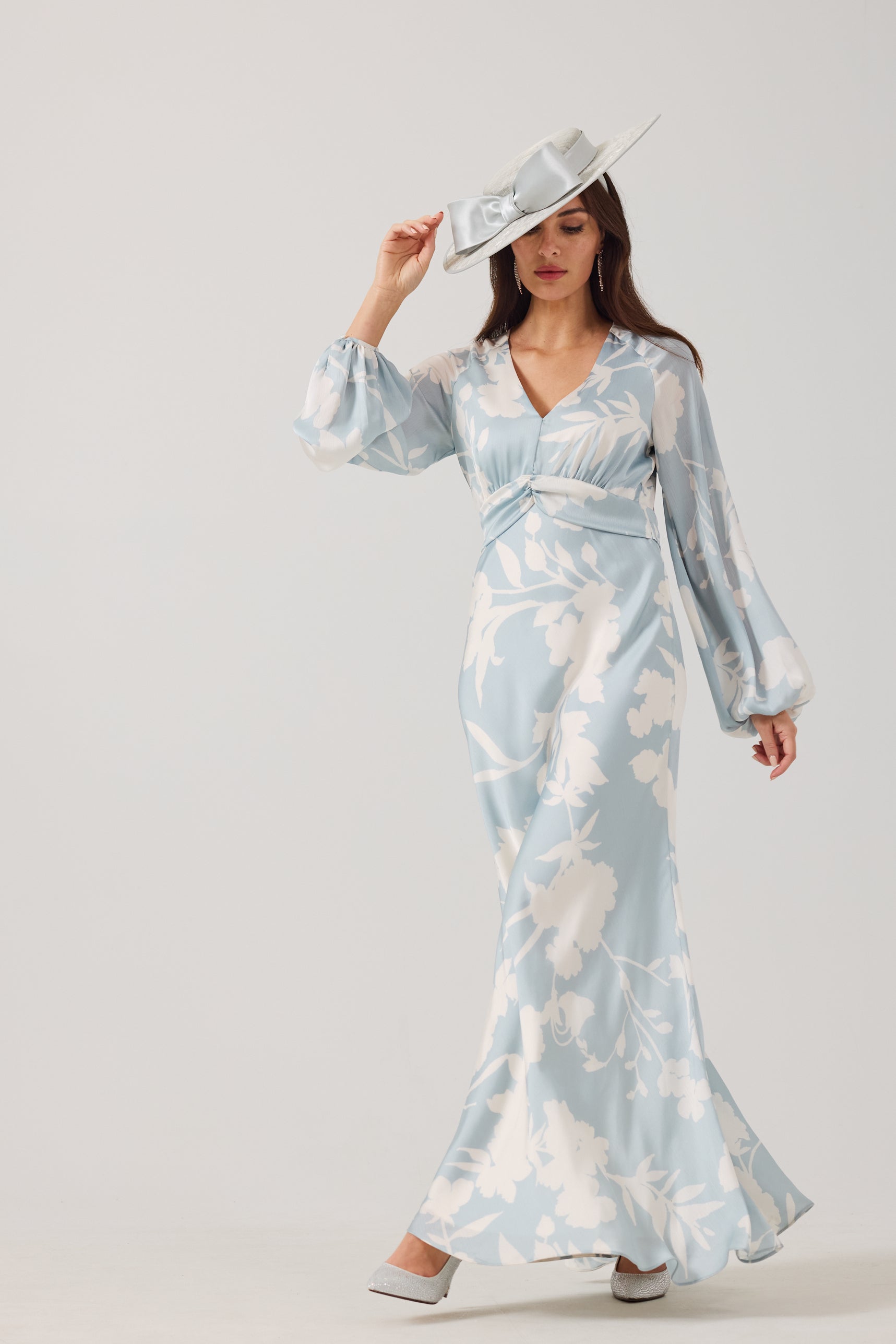EVE Misty Blue Satin Bias Cut Maxi dress.