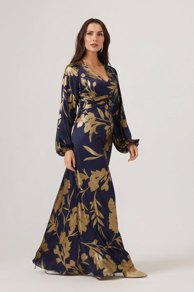 EVE Navy Gold Satin Bias Dress