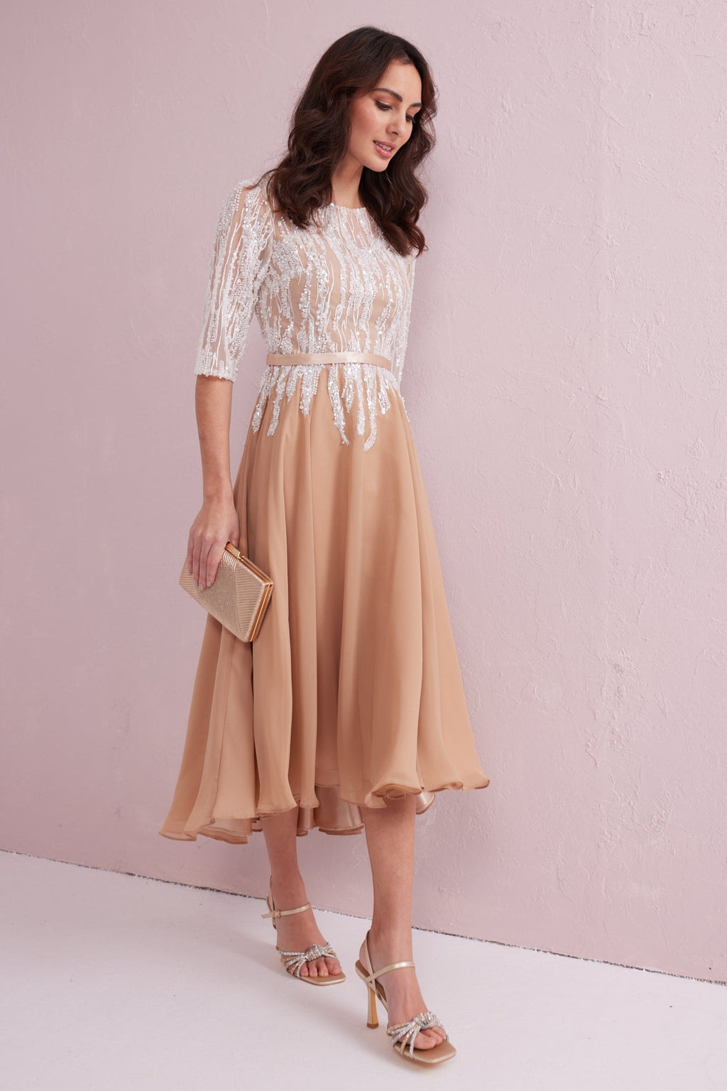 FRANCESCA Latte Hi Low Hem Dress with Ivory Beadwork.