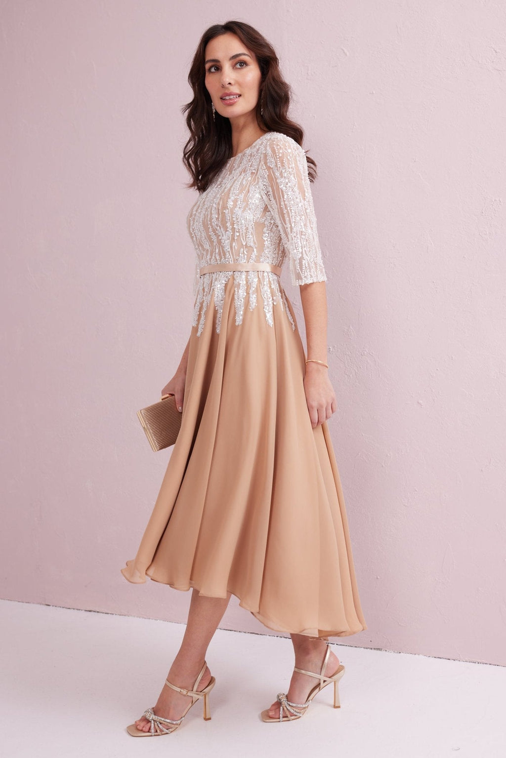 FRANCESCA Latte Hi Low Hem Dress with Ivory Beadwork.