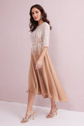 FRANCESCA Latte Hi Low Hem Dress with Ivory Beadwork.
