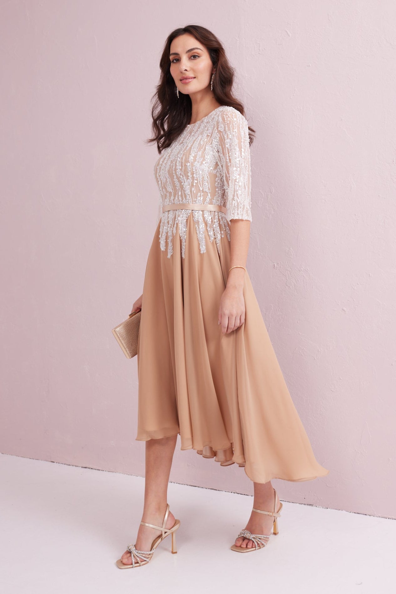 FRANCESCA Latte Hi Low Hem Dress with Ivory Beadwork.