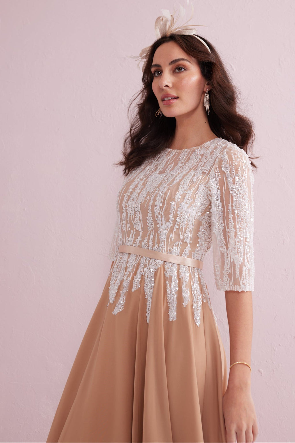 FRANCESCA Latte Hi Low Hem Dress with Ivory Beadwork.
