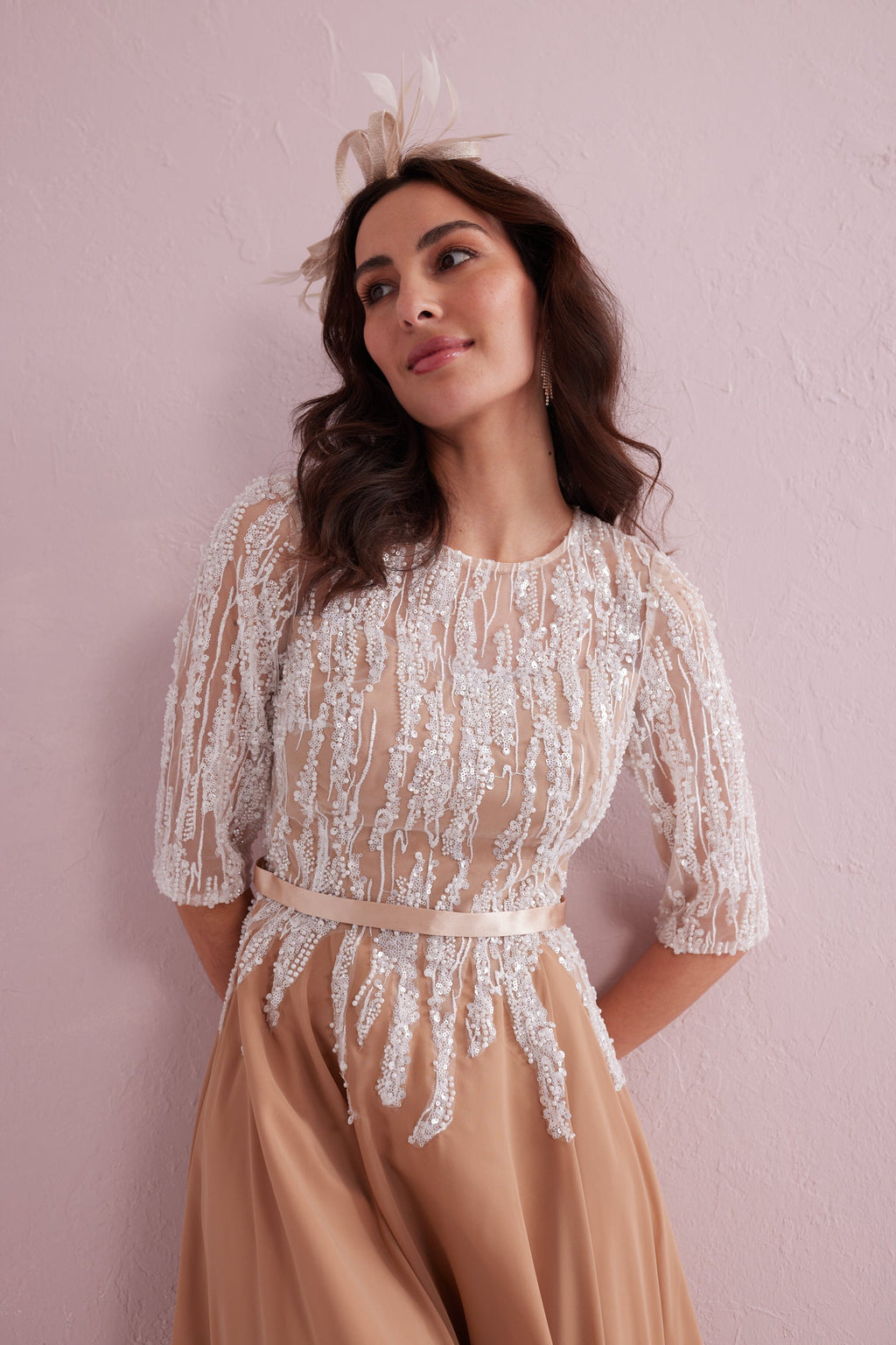 FRANCESCA Latte Hi Low Hem Dress with Ivory Beadwork.