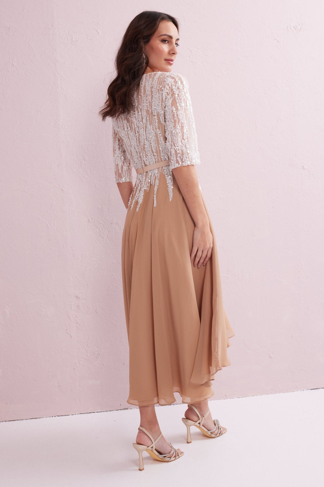 FRANCESCA Latte Hi Low Hem Dress with Ivory Beadwork.