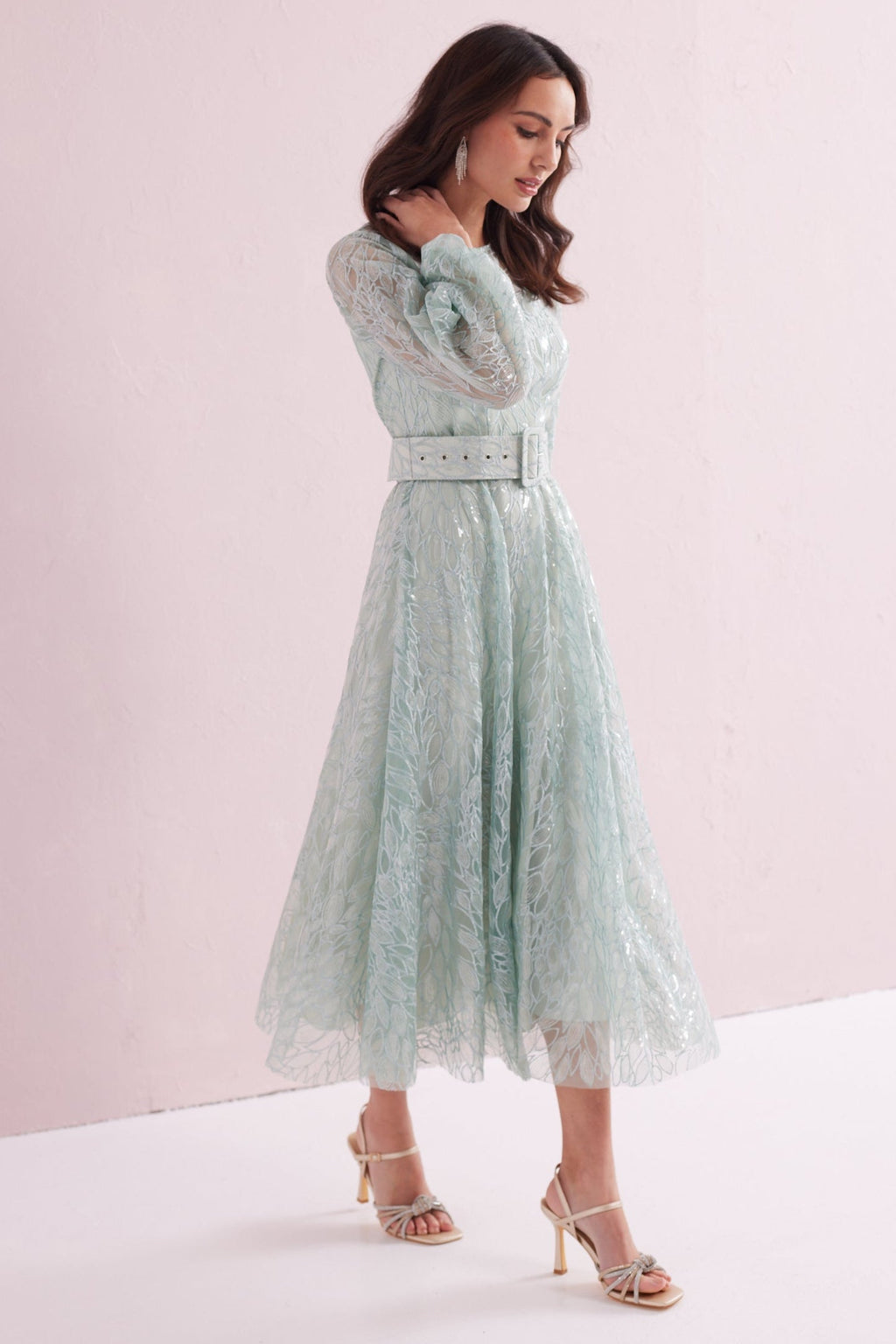 GRACE Mint Sequin and Embroidered Prom Dress.
